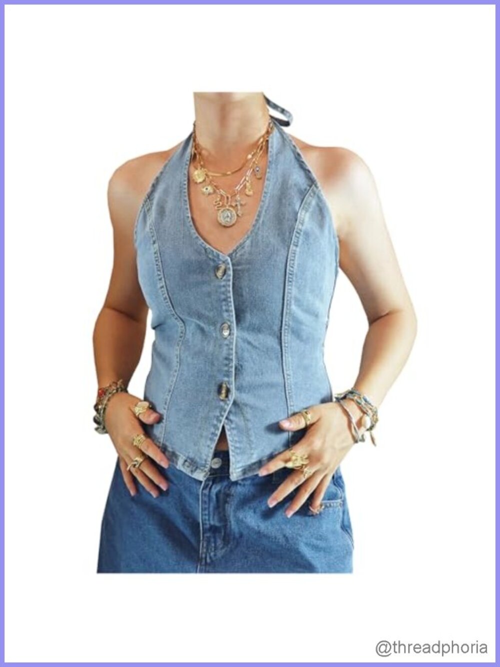 Women Sleeveless Denim Halter Crop Top Backless V Neck Button Down Tie Back